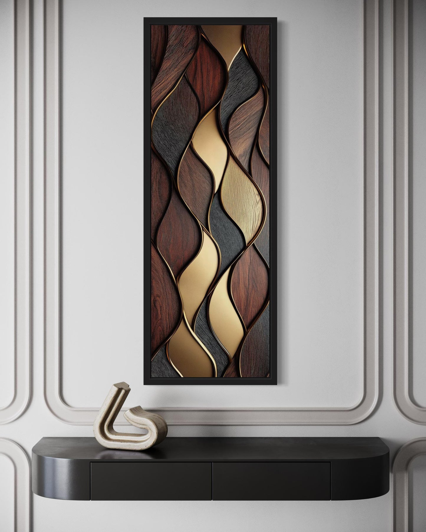 Tall Narrow Vertical Brown Gold Wood Texture Painting Abstract Canvas Wall Art Print