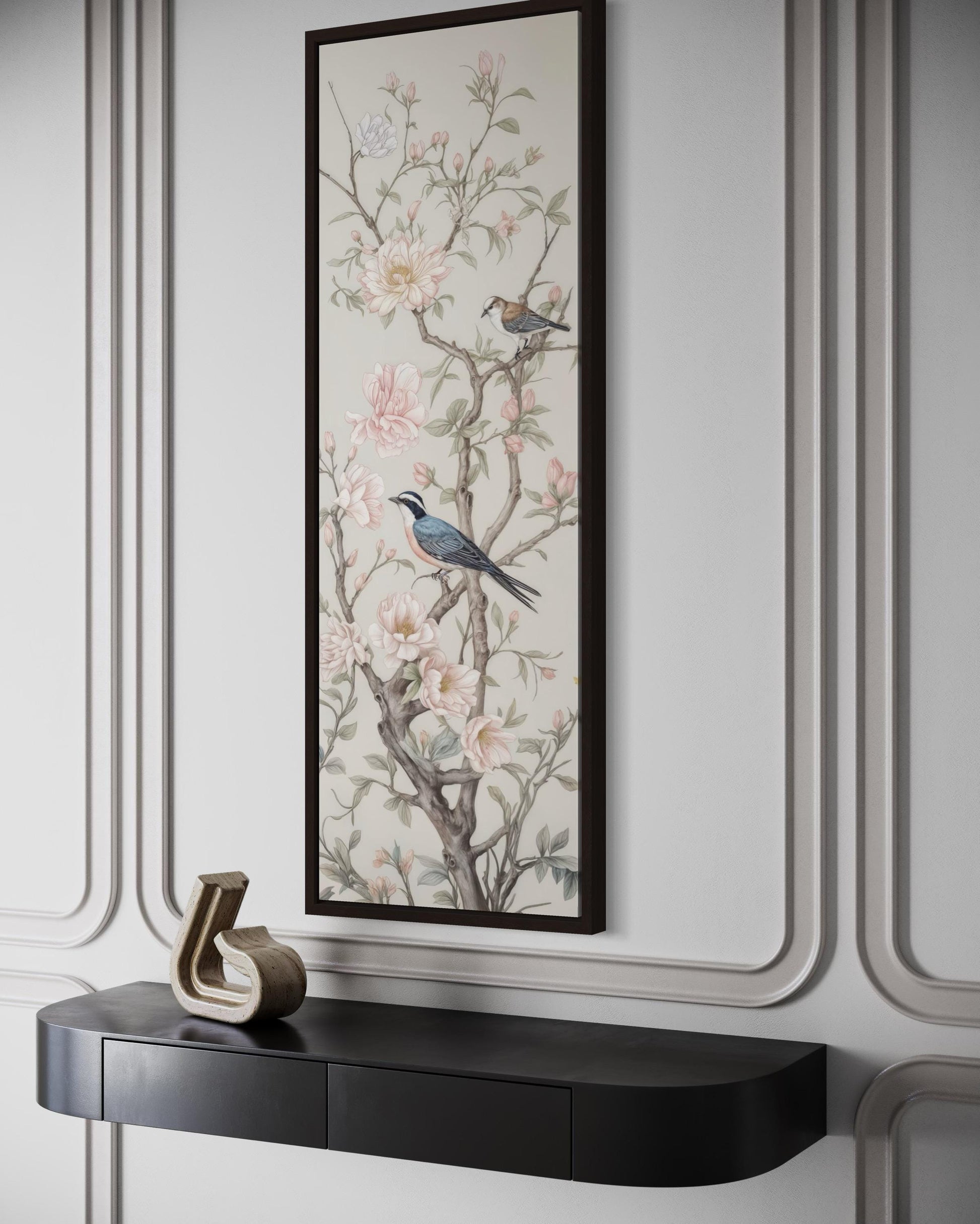 Tall Narrow Vertical Chinoiserie Birds on a Branch Canvas Print