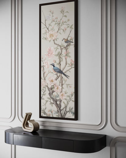 Tall Narrow Vertical Chinoiserie Birds on a Branch Canvas Print