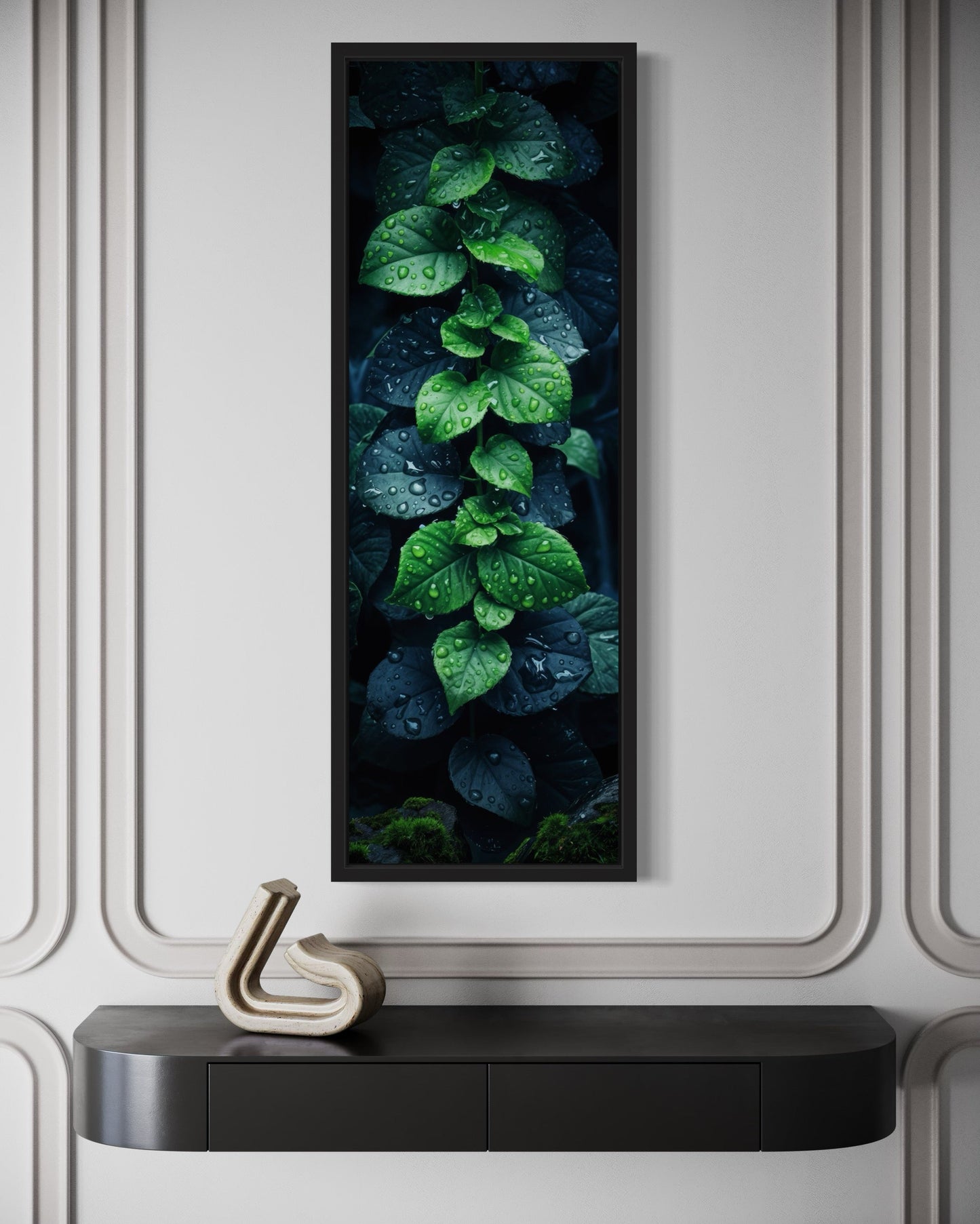 Tall Narrow Vertical Green Leaves Framed Canvas Wall Art