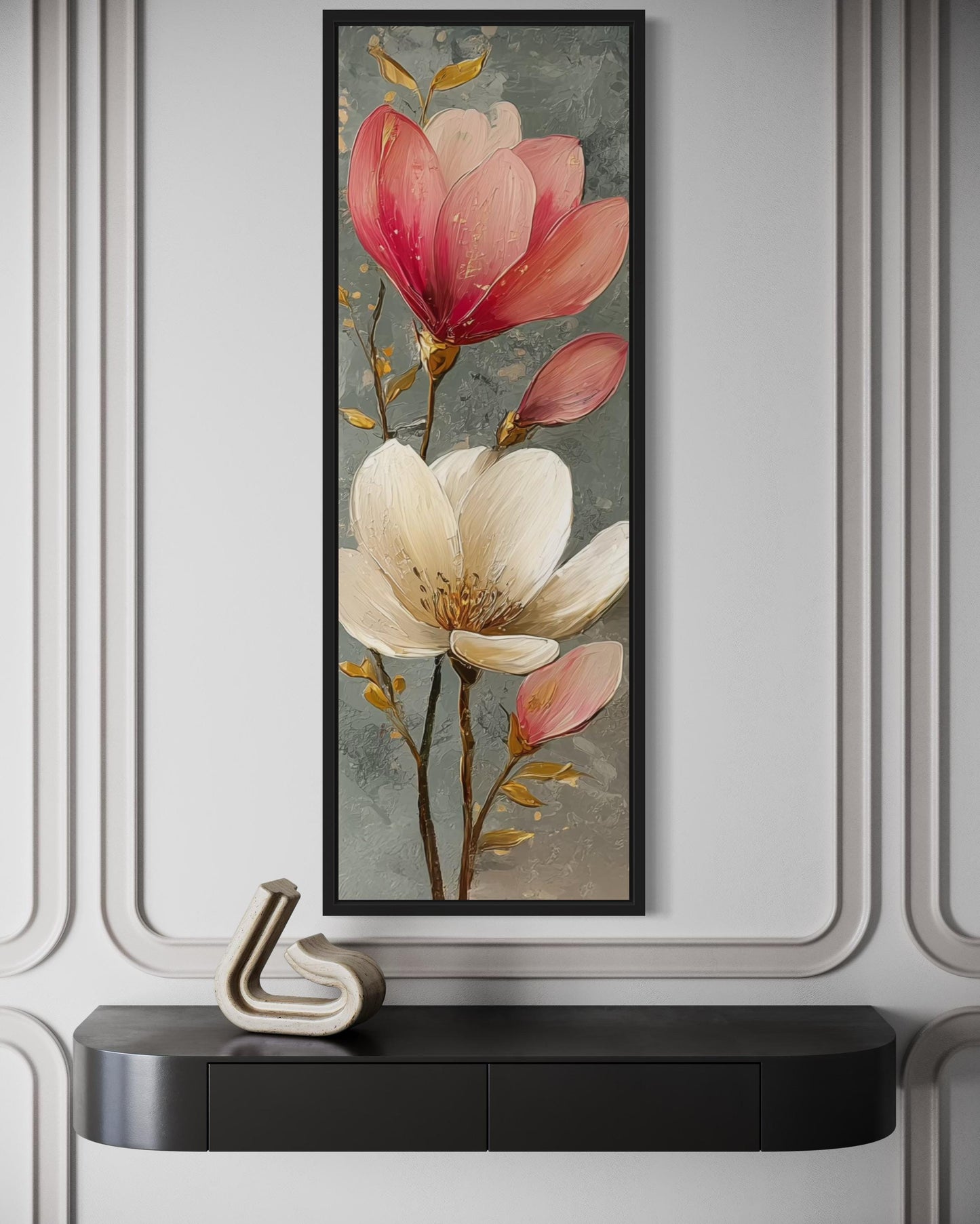 Tall Narrow Vertical Grey Pink Magnolia Floral Canvas Wall Art