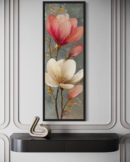 Tall Narrow Vertical Grey Pink Magnolia Floral Canvas Wall Art