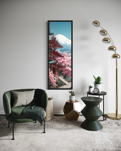 Tall Narrow Vertical Japanese Mt. Fuji Cherry Blossom Landscape Framed Canvas Wall Art