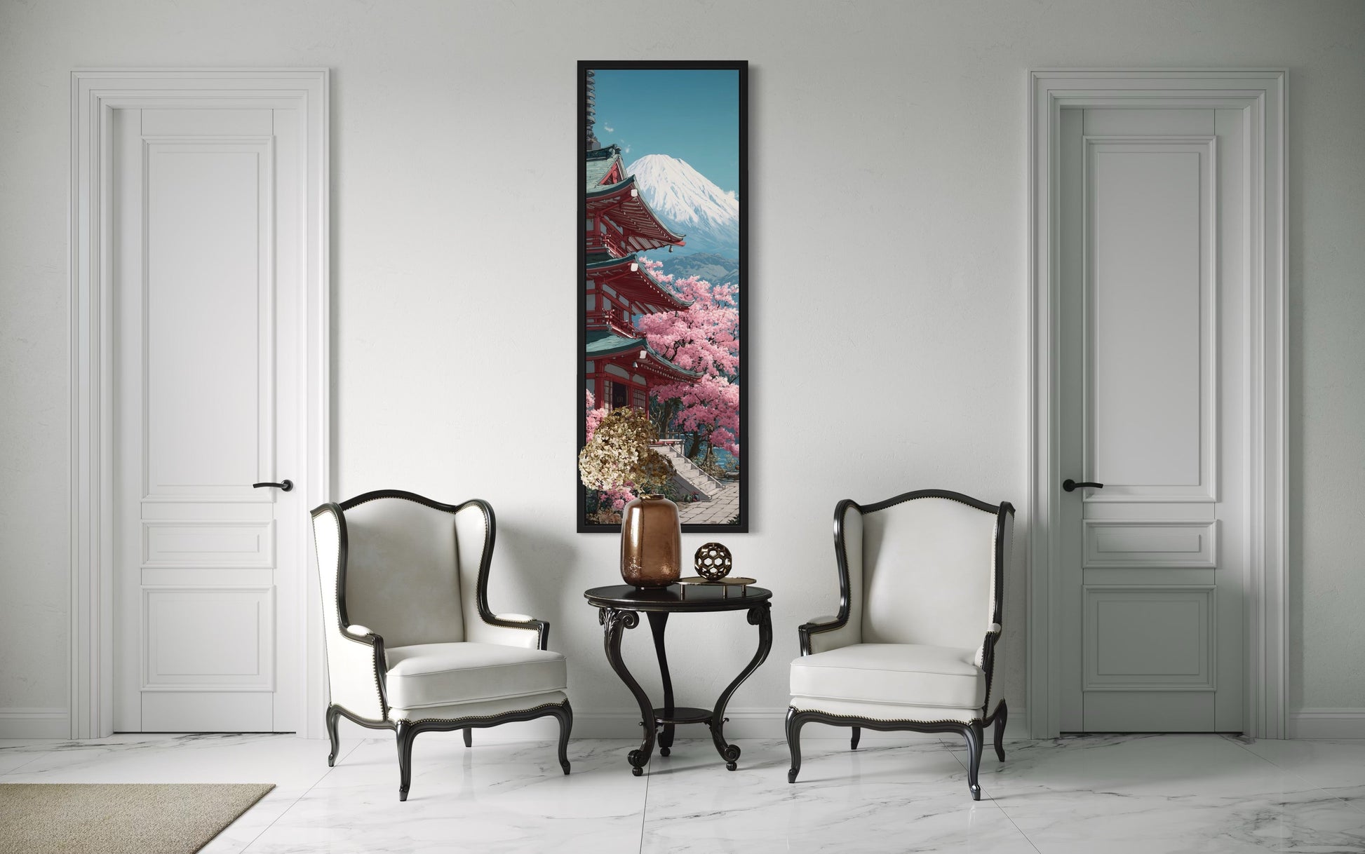 Tall Narrow Vertical Japanese Mt. Fuji Cherry Blossom Landscape Framed Canvas Wall Art