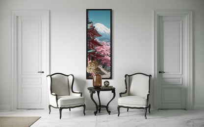 Tall Narrow Vertical Japanese Mt. Fuji Cherry Blossom Landscape Framed Canvas Wall Art