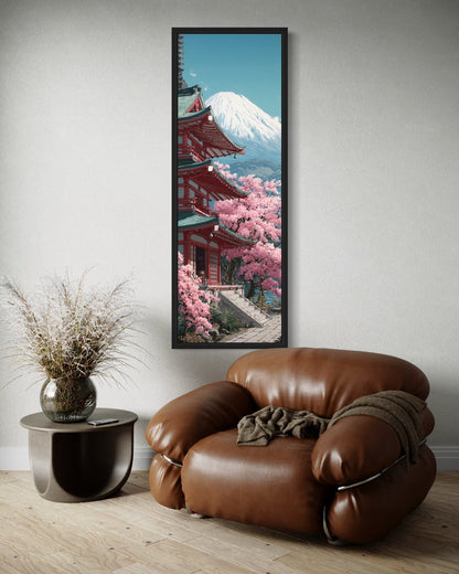 Tall Narrow Vertical Japanese Mt. Fuji Cherry Blossom Landscape Framed Canvas Wall Art