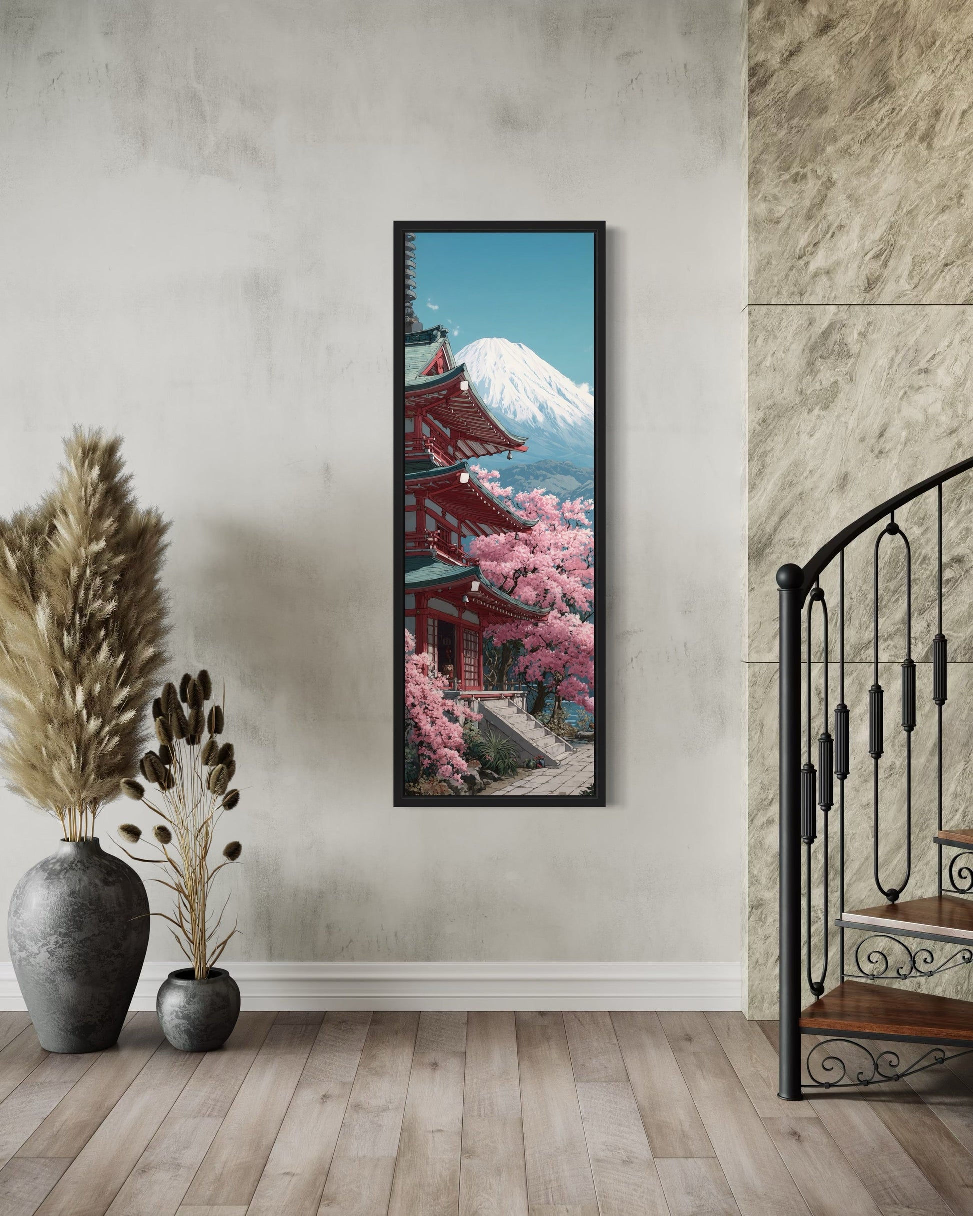 Tall Narrow Vertical Japanese Mt. Fuji Cherry Blossom Landscape Framed Canvas Wall Art
