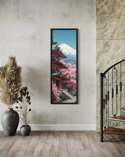 Tall Narrow Vertical Japanese Mt. Fuji Cherry Blossom Landscape Framed Canvas Wall Art