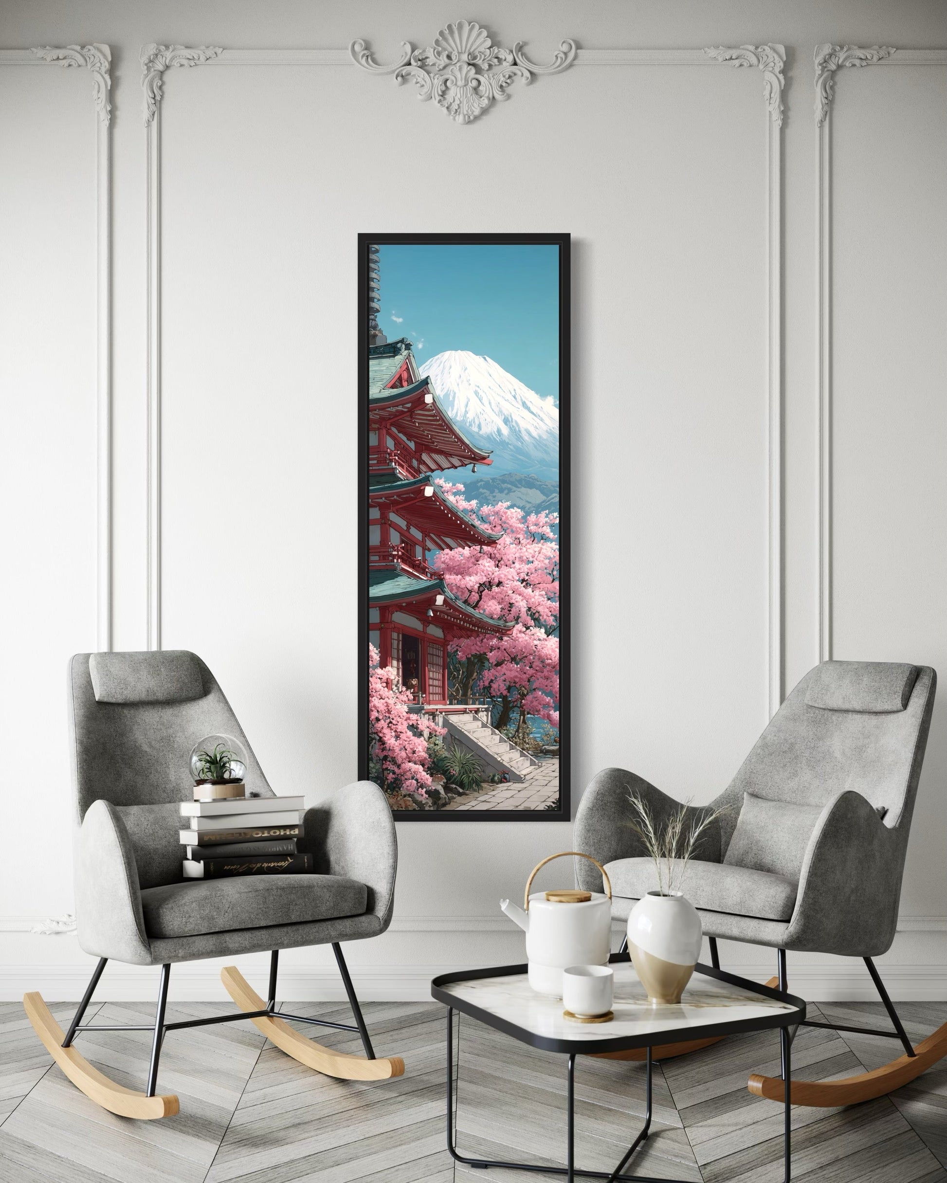 Tall Narrow Vertical Japanese Mt. Fuji Cherry Blossom Landscape Framed Canvas Wall Art