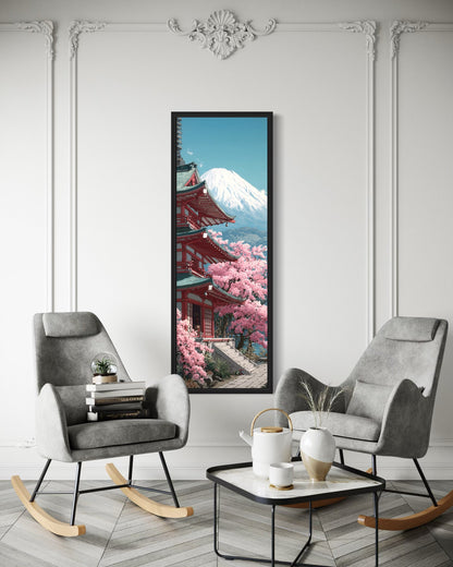 Tall Narrow Vertical Japanese Mt. Fuji Cherry Blossom Landscape Framed Canvas Wall Art