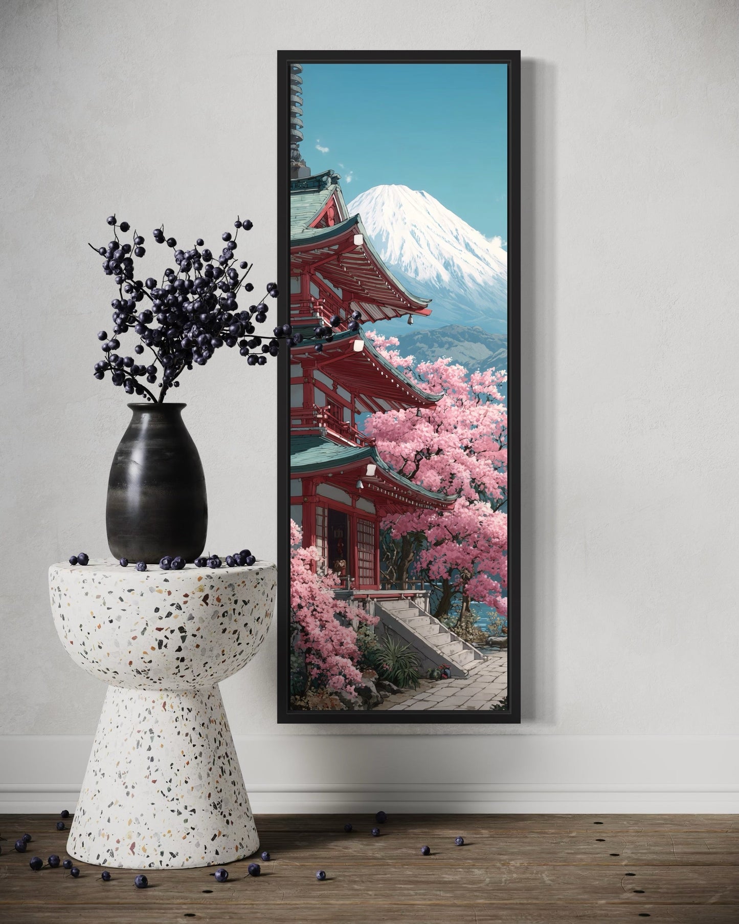 Tall Narrow Vertical Japanese Mt. Fuji Cherry Blossom Landscape Framed Canvas Wall Art