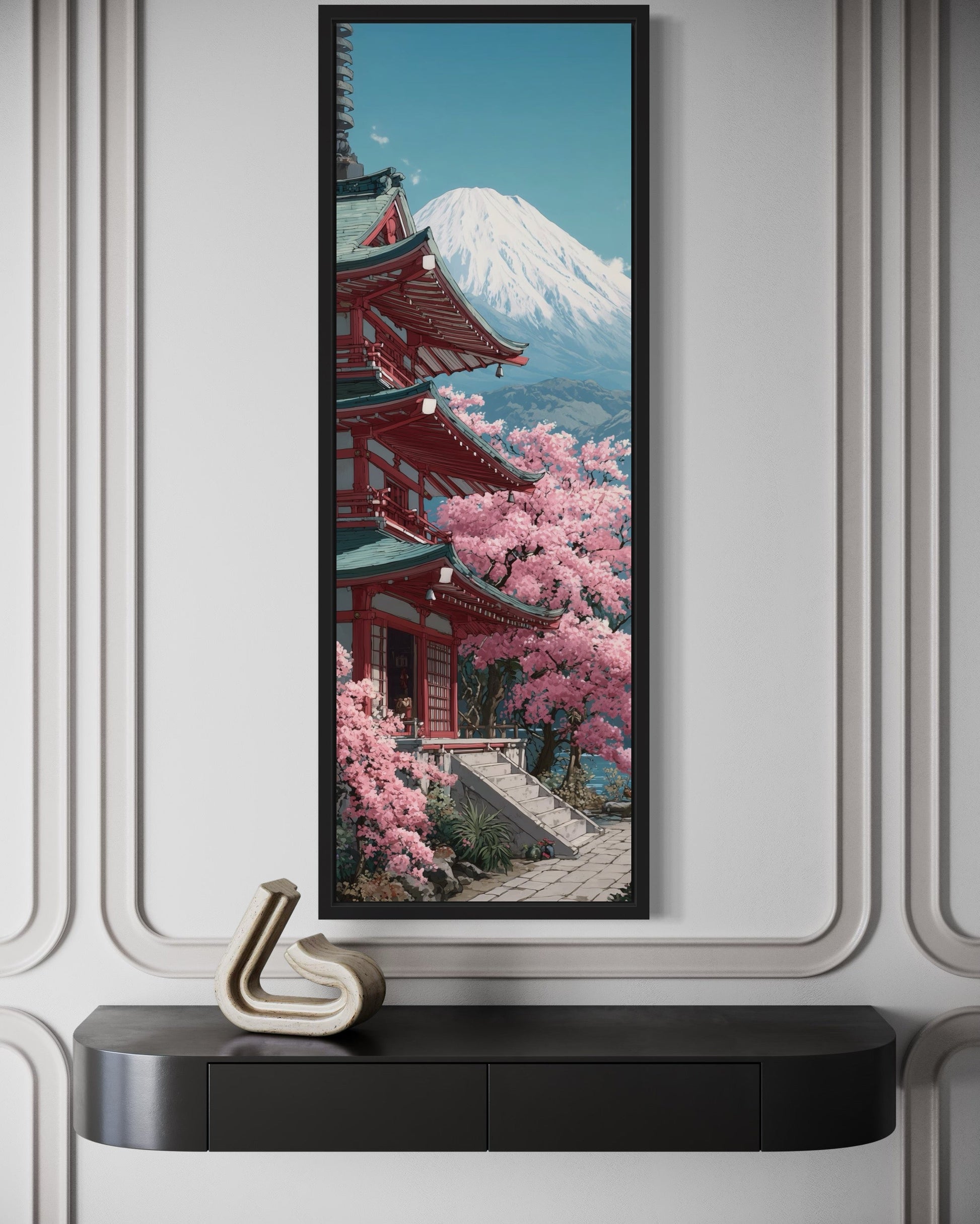 Tall Narrow Vertical Japanese Mt. Fuji Cherry Blossom Landscape Framed Canvas Wall Art