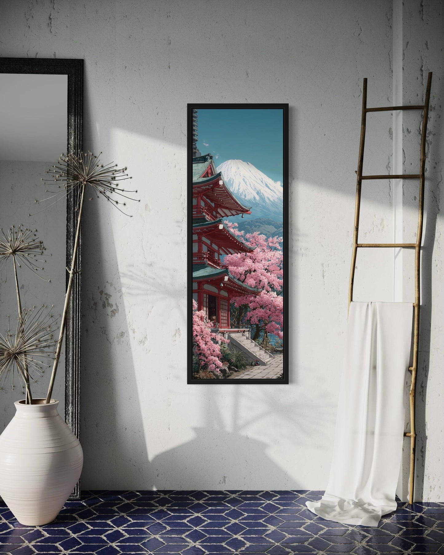 Tall Narrow Vertical Japanese Mt. Fuji Cherry Blossom Landscape Framed Canvas Wall Art