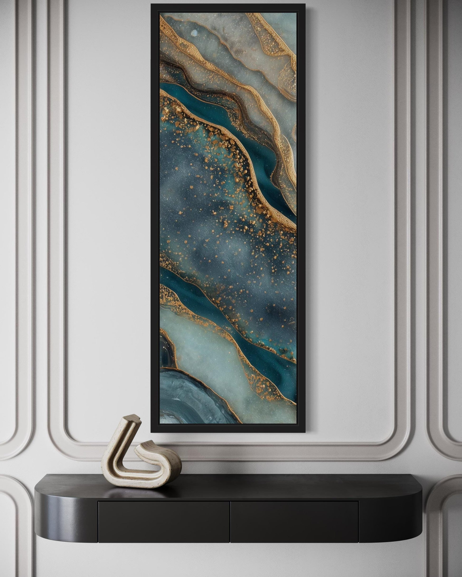 Tall Narrow Vertical Marble Inspired Abstract Teal Blue Gold Canvas Print