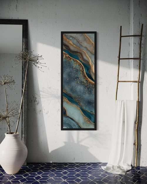Tall Narrow Vertical Marble Inspired Abstract Teal Blue Gold Canvas Print
