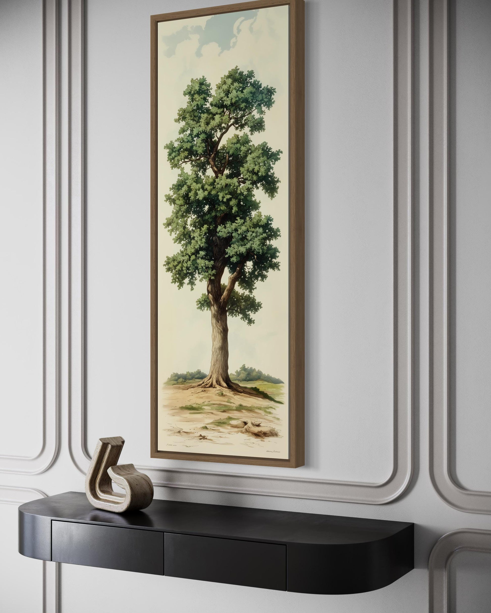 Tall Narrow Vertical Oak Tree Framed Canvas Wall Art