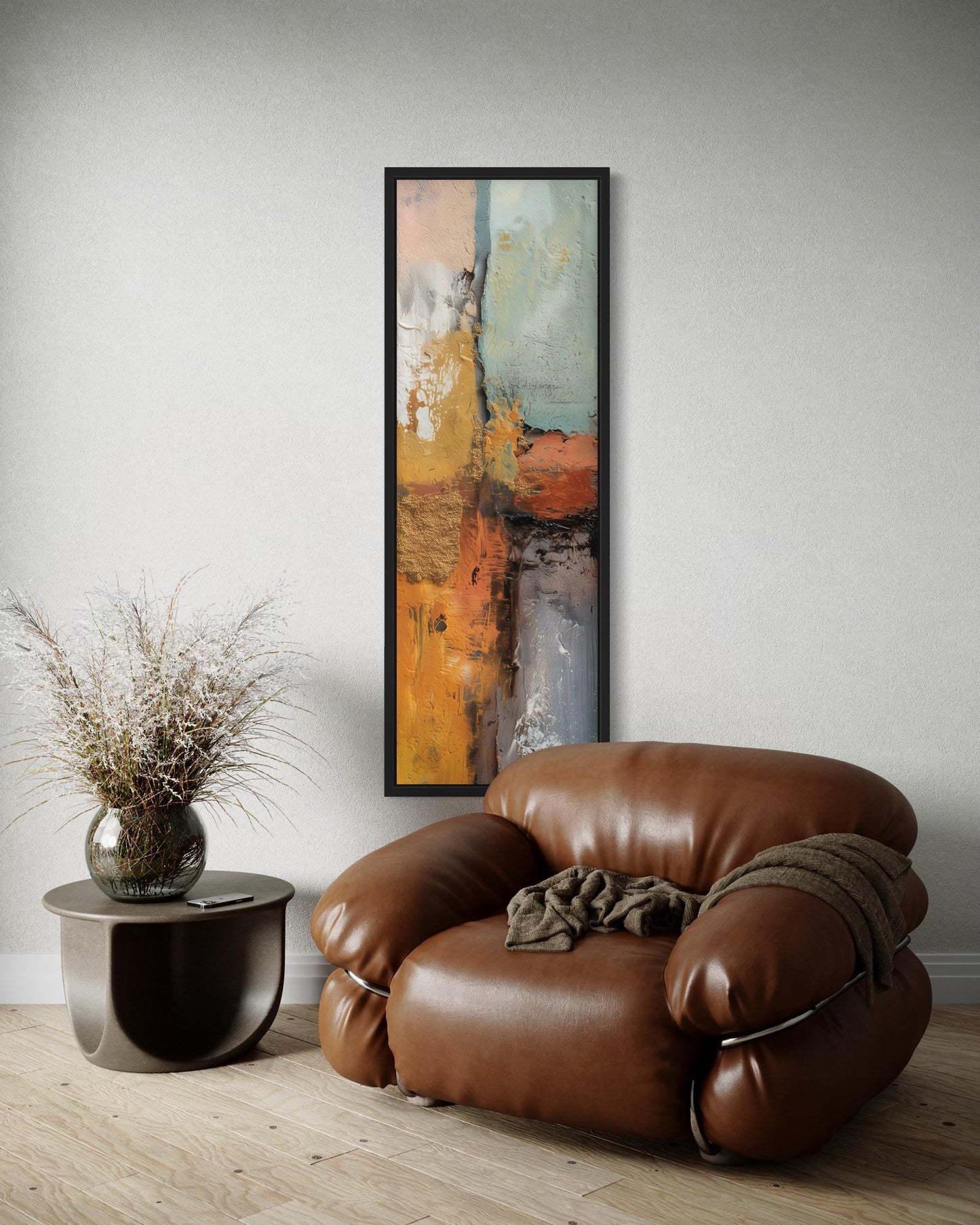 Tall Narrow Vertical Orange Blue Geometric Abstract Canvas Wall Art
