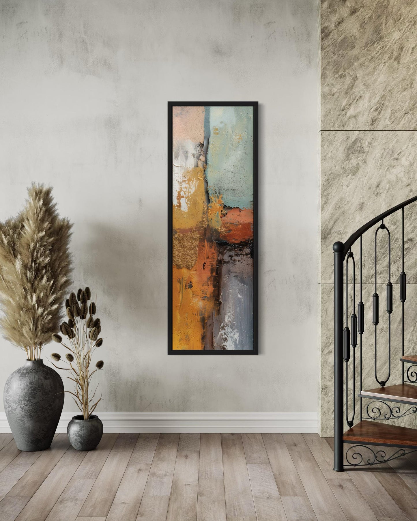 Tall Narrow Vertical Orange Blue Geometric Abstract Canvas Wall Art