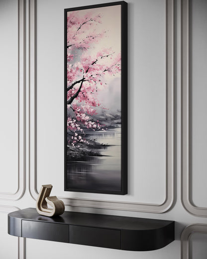 Tall Narrow Vertical Pink Cherry Blossom Framed Canvas Wall Art