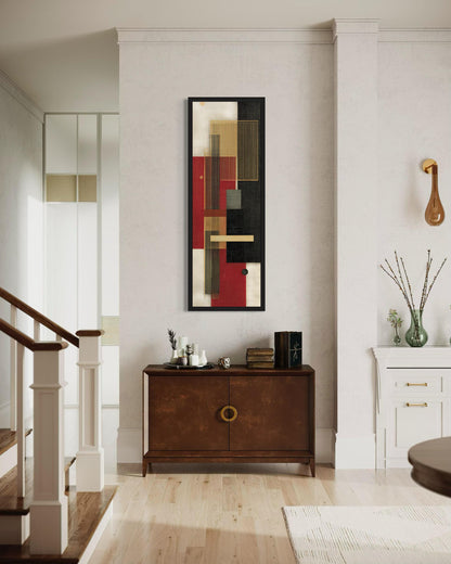 Tall Narrow Vertical Red Black Gold Beige Geometric Abstract Canvas Wall Art