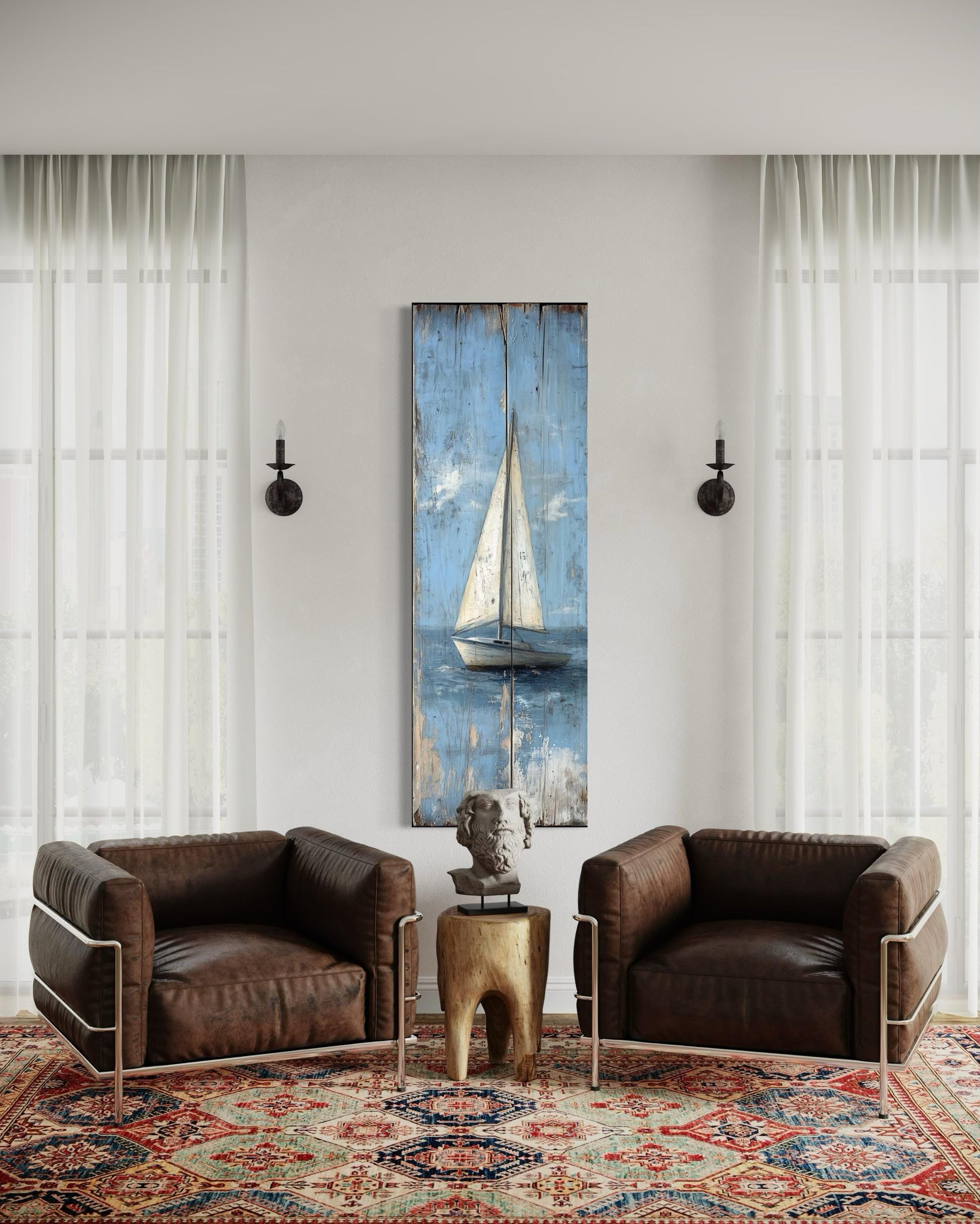 Tall Narrow Vertical Rustic Sailboat Coastal Framed Canvas Wall Art