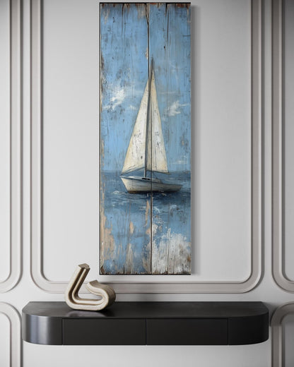 Tall Narrow Vertical Rustic Sailboat Coastal Framed Canvas Wall Art
