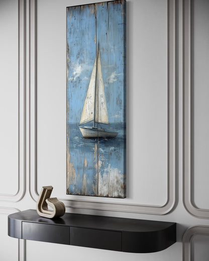 Tall Narrow Vertical Rustic Sailboat Coastal Framed Canvas Wall Art
