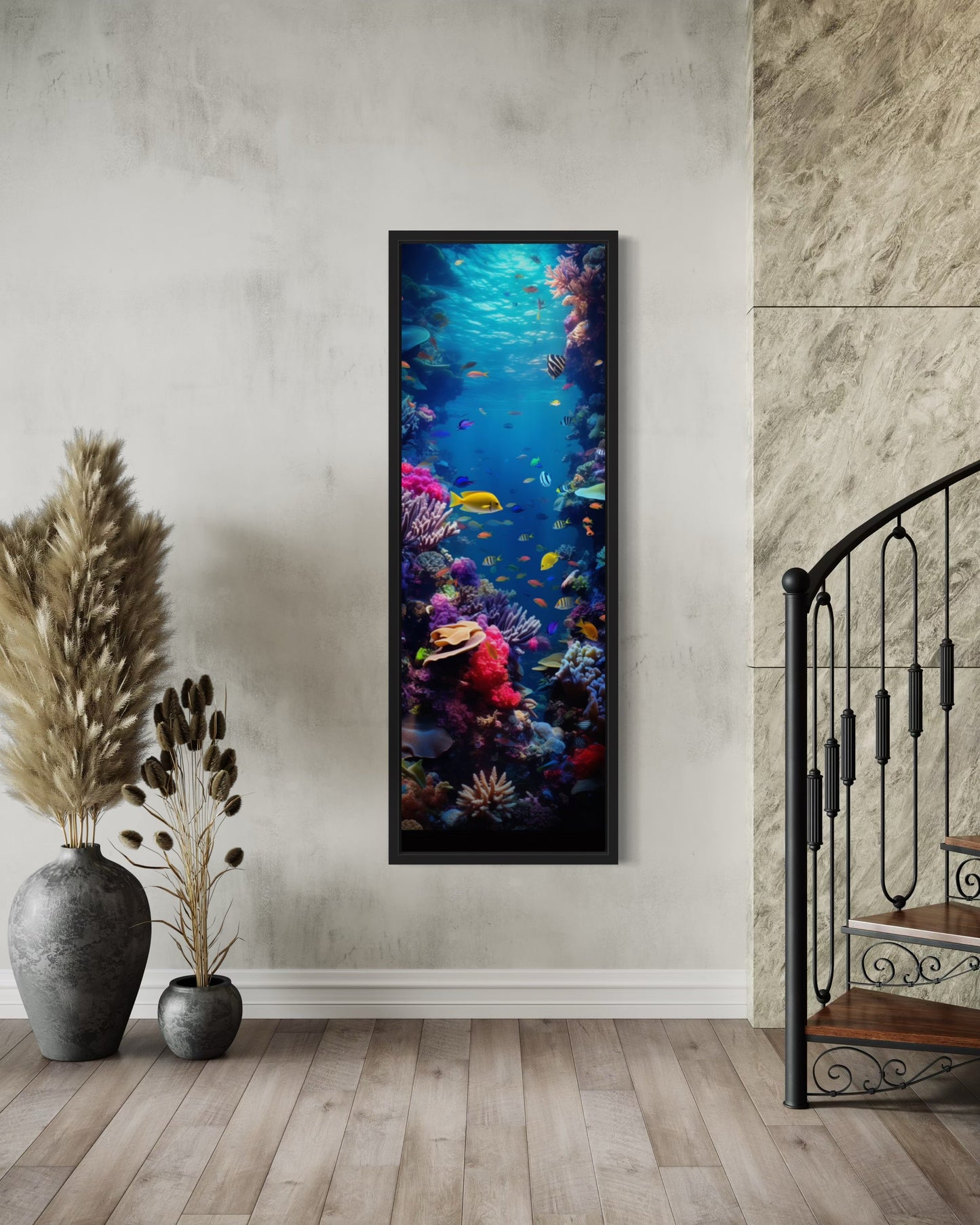 Tall Narrow Vertical Underwater Coral Reef With Tropical Fish Framed Canvas Wall Art