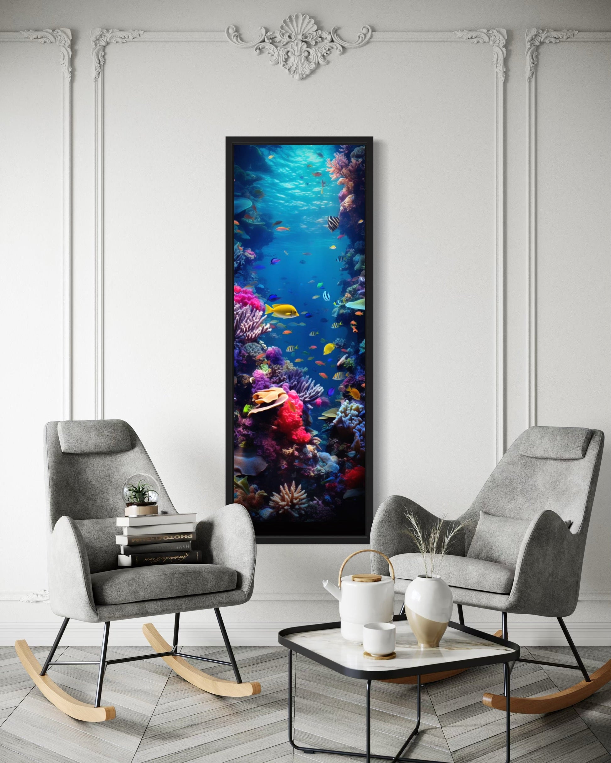 Tall Narrow Vertical Underwater Coral Reef With Tropical Fish Framed Canvas Wall Art