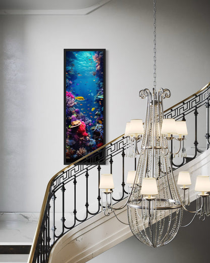 Tall Narrow Vertical Underwater Coral Reef With Tropical Fish Framed Canvas Wall Art