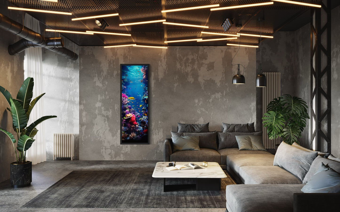 Tall Narrow Vertical Underwater Coral Reef With Tropical Fish Framed Canvas Wall Art