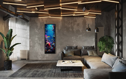 Tall Narrow Vertical Underwater Coral Reef With Tropical Fish Framed Canvas Wall Art
