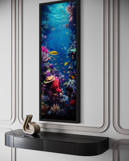 Tall Narrow Vertical Underwater Coral Reef With Tropical Fish Framed Canvas Wall Art
