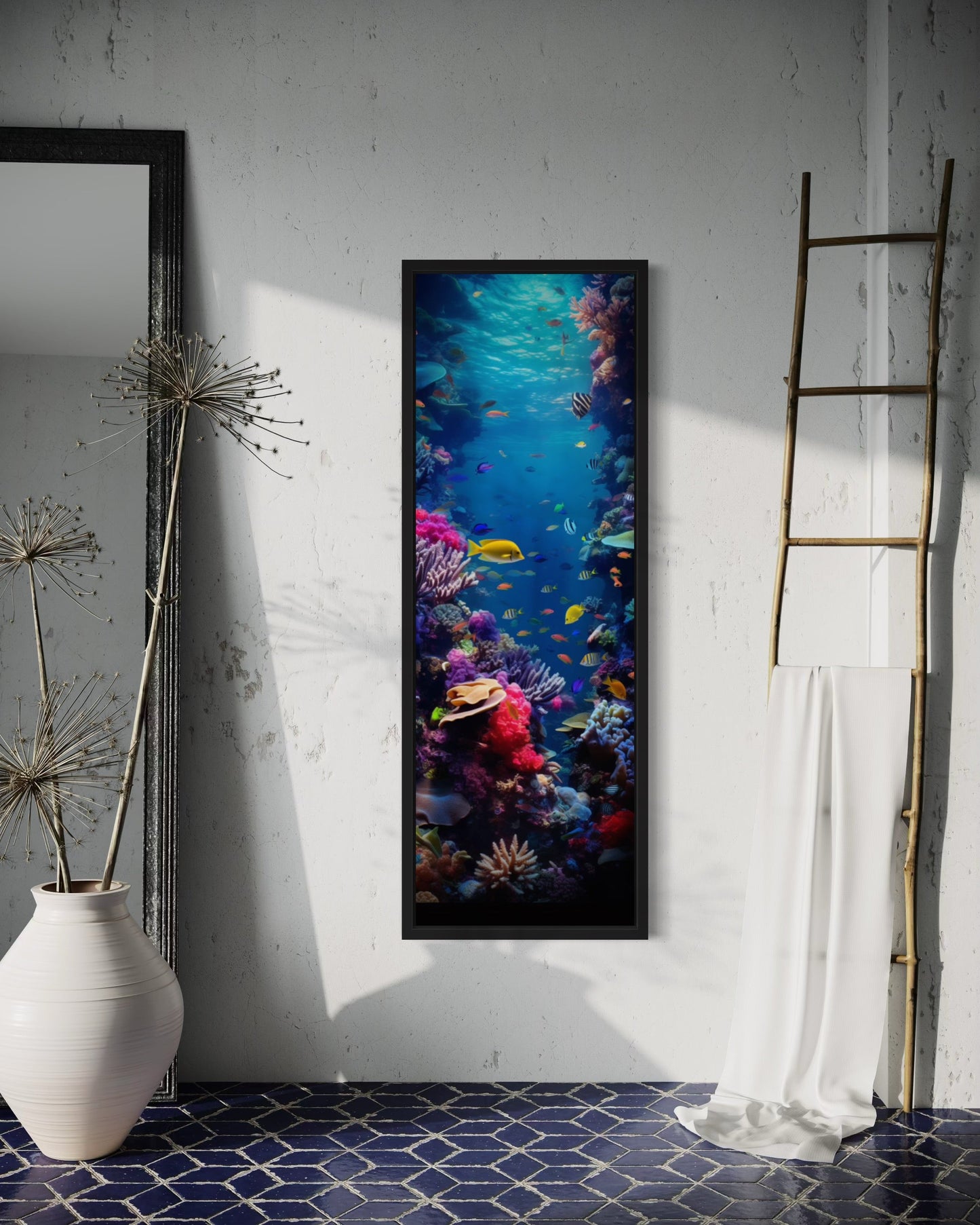 Tall Narrow Vertical Underwater Coral Reef With Tropical Fish Framed Canvas Wall Art