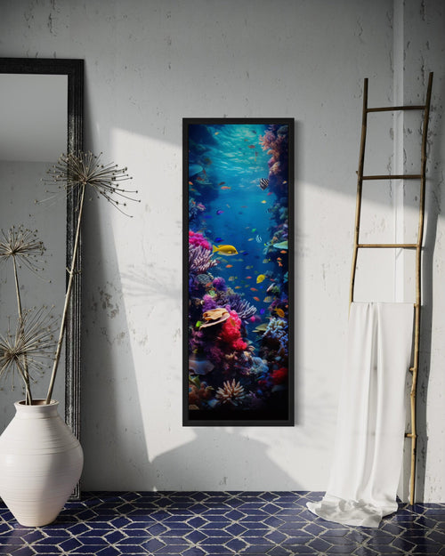Tall Narrow Vertical Underwater Coral Reef With Tropical Fish Framed Canvas Wall Art