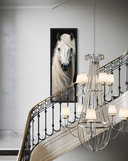 Tall Narrow Vertical White Horse Framed Canvas Wall Art