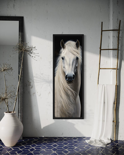 Tall Narrow Vertical White Horse Framed Canvas Wall Art