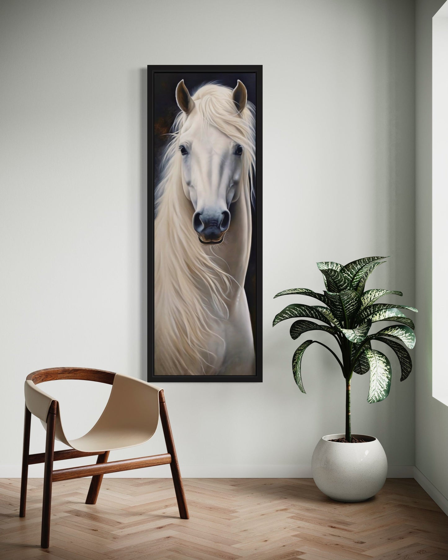 Tall Narrow Vertical White Horse Framed Canvas Wall Art