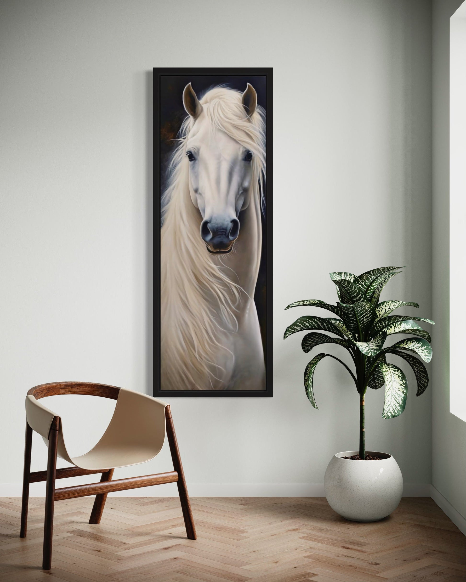 Tall Narrow Vertical White Horse Framed Canvas Wall Art