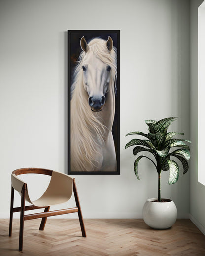 Tall Narrow Vertical White Horse Framed Canvas Wall Art