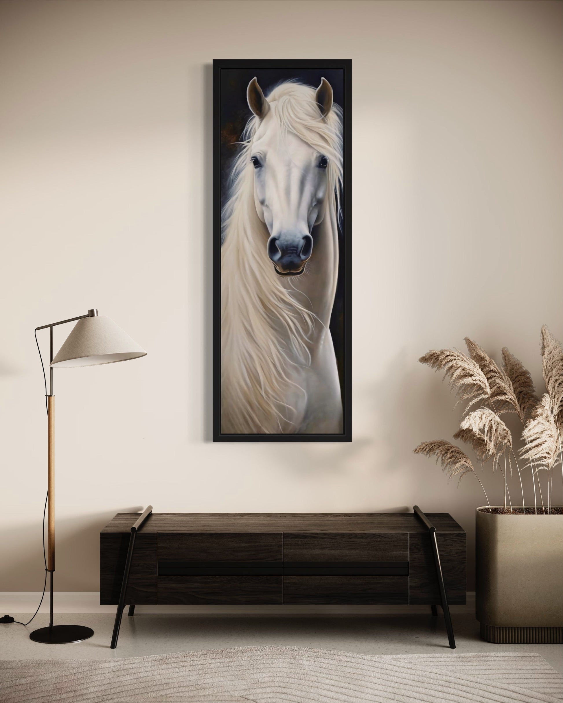 Tall Narrow Vertical White Horse Framed Canvas Wall Art