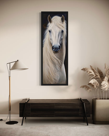 Tall Narrow Vertical White Horse Framed Canvas Wall Art