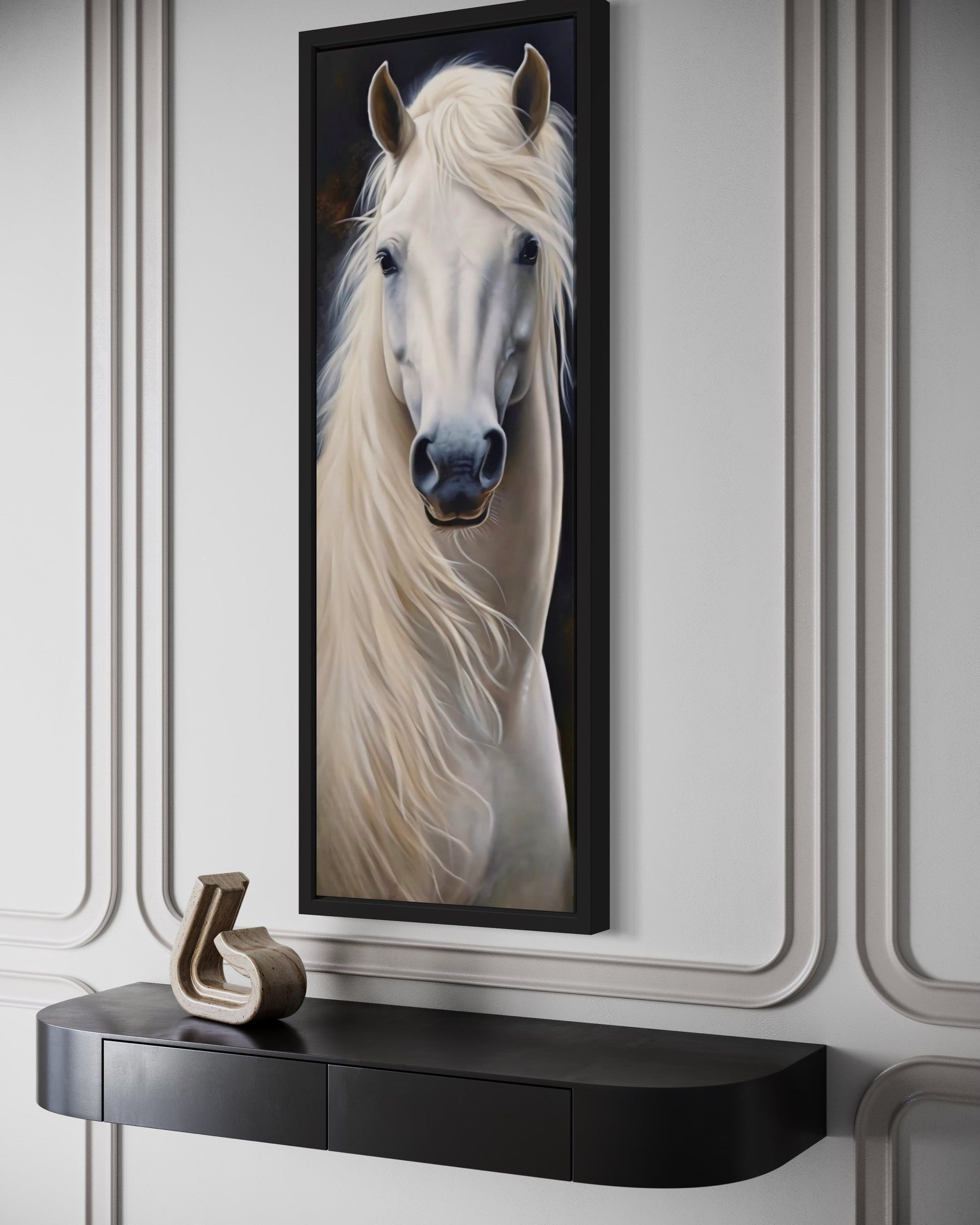 Tall Narrow Vertical White Horse Framed Canvas Wall Art
