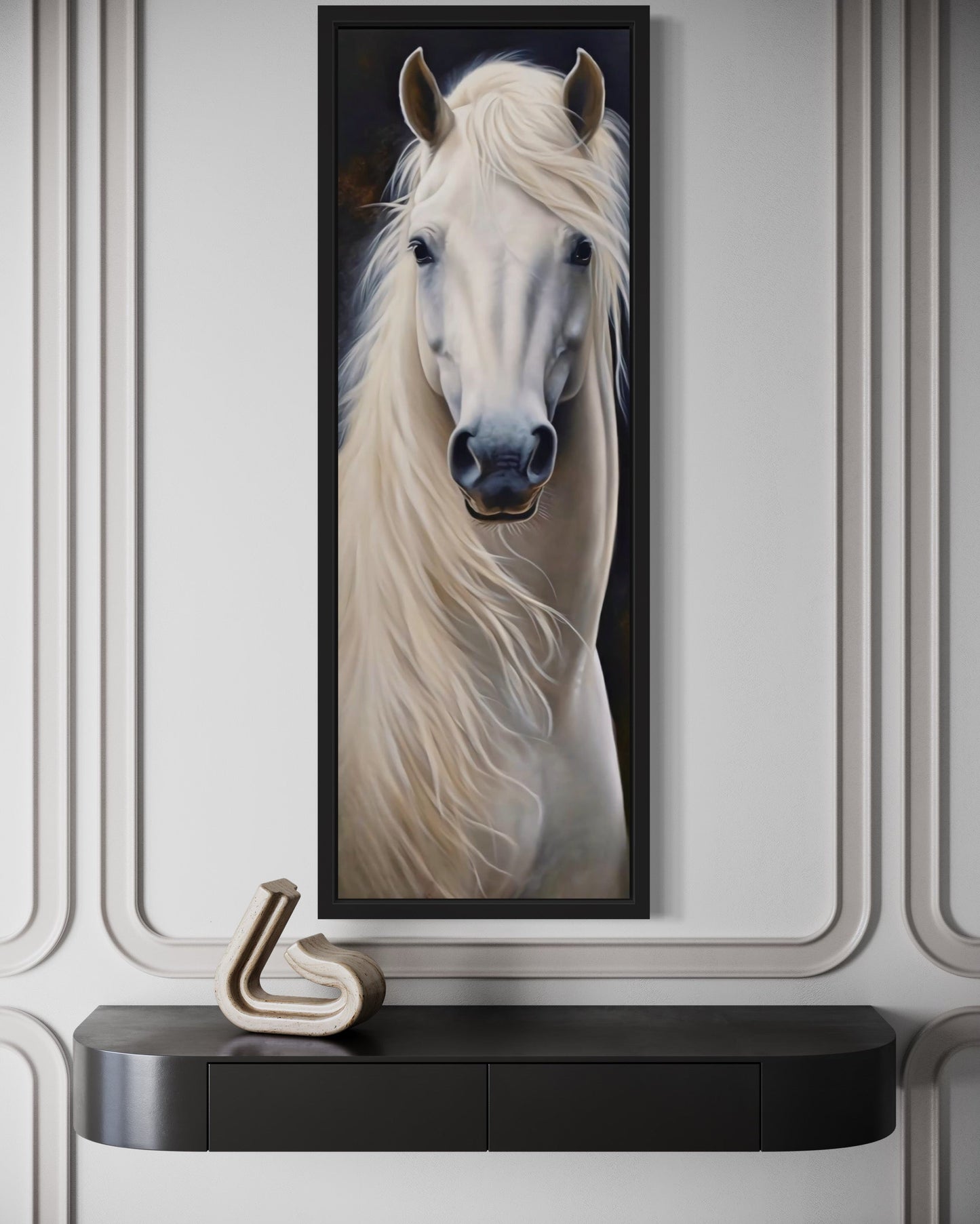 Tall Narrow Vertical White Horse Framed Canvas Wall Art