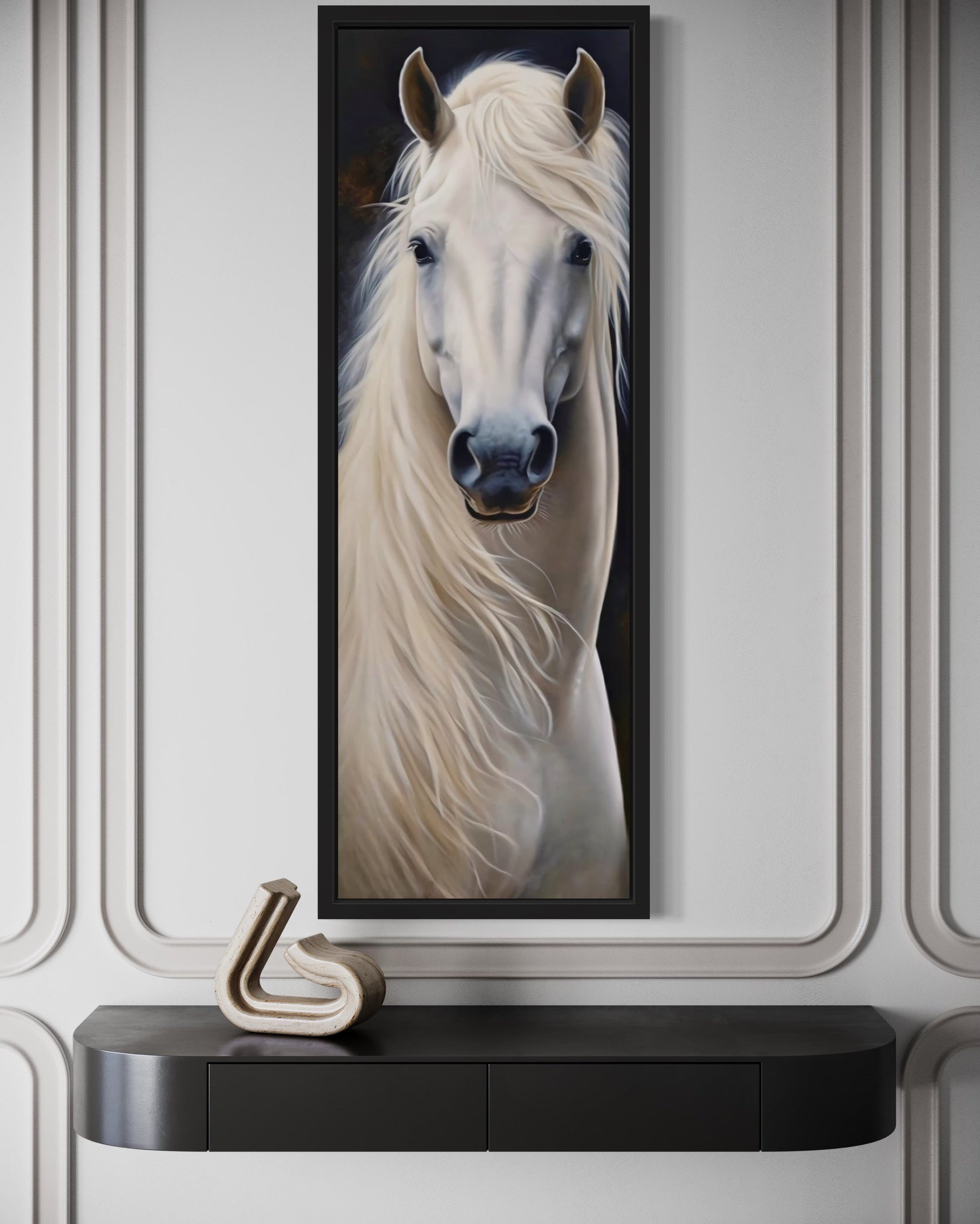 Tall Narrow Vertical White Horse Framed Canvas Wall Art