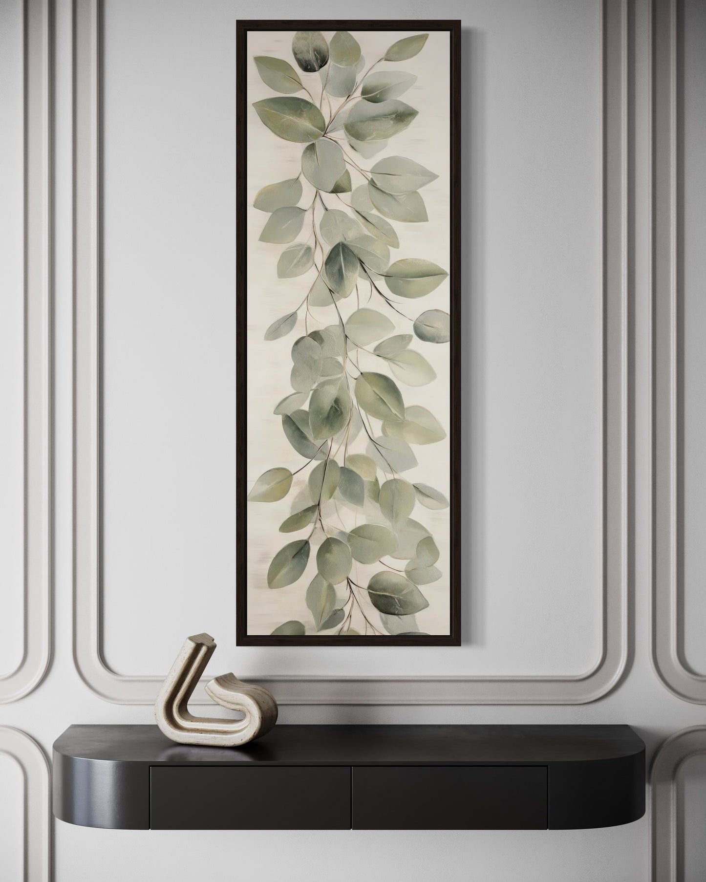 Tall Narrow Vintage Leaves Sage Green Beige Framed Canvas Wall Art