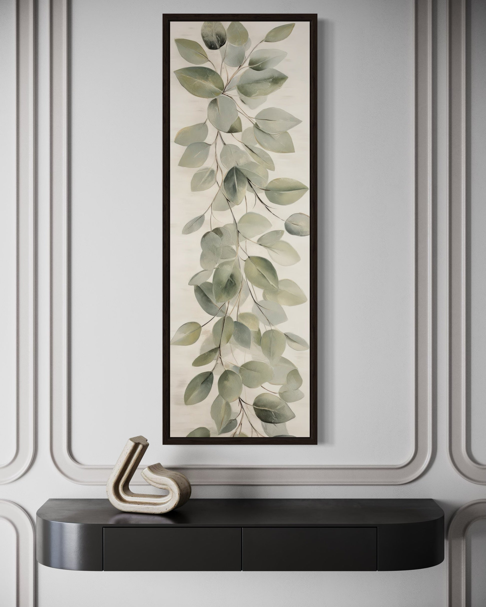 Tall Narrow Vintage Leaves Sage Green Beige Framed Canvas Wall Art
