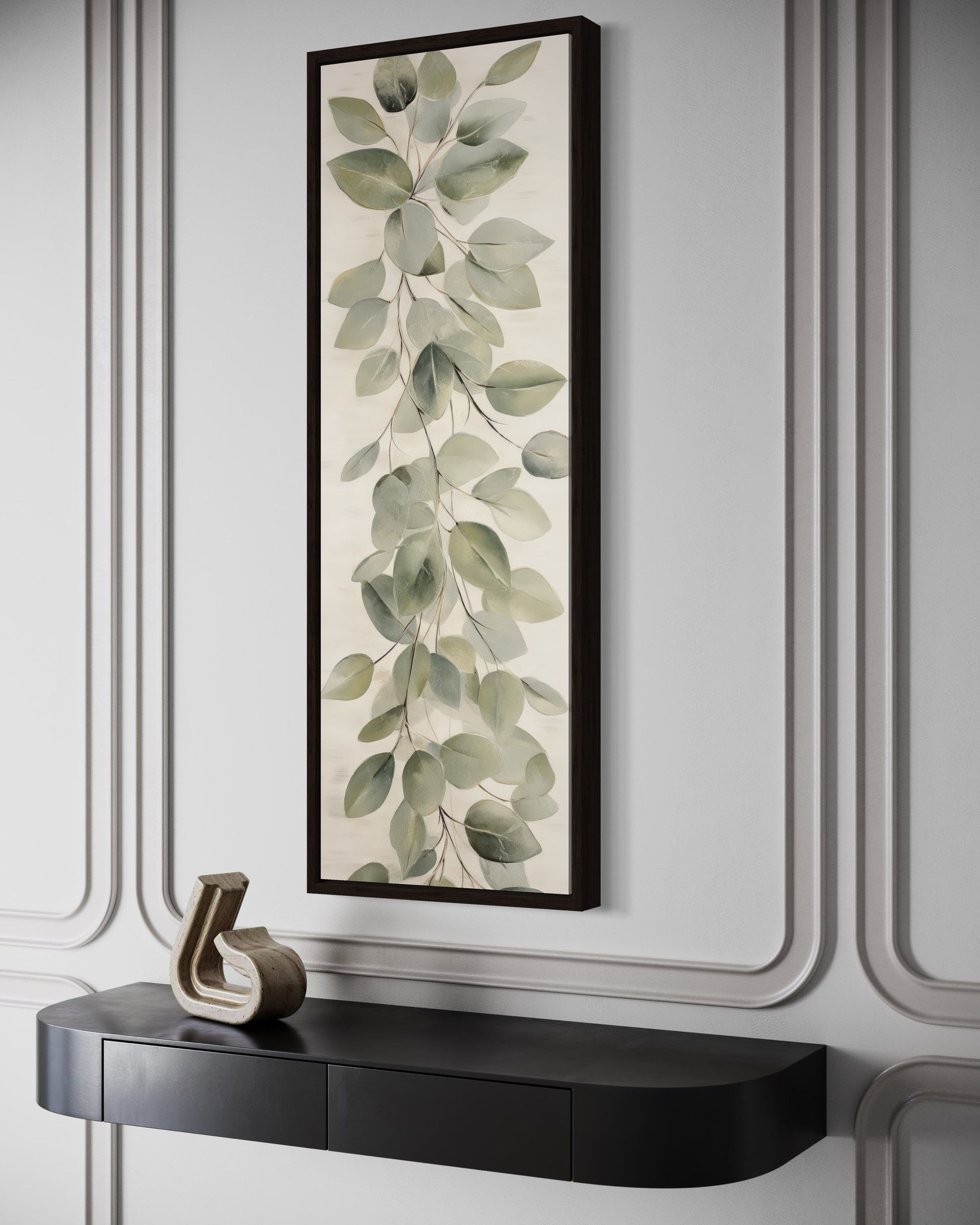 Tall Narrow Vintage Leaves Sage Green Beige Framed Canvas Wall Art
