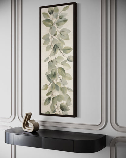 Tall Narrow Vintage Leaves Sage Green Beige Framed Canvas Wall Art