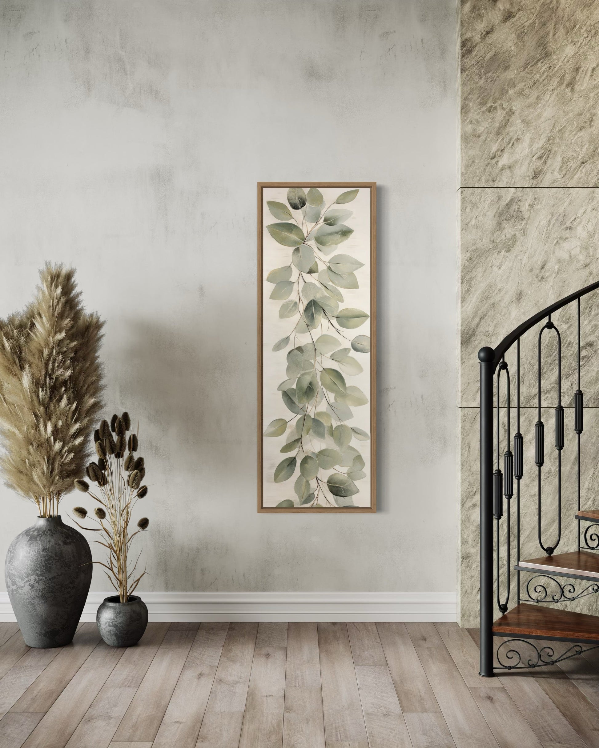 Tall Narrow Vintage Leaves Sage Green Beige Framed Canvas Wall Art